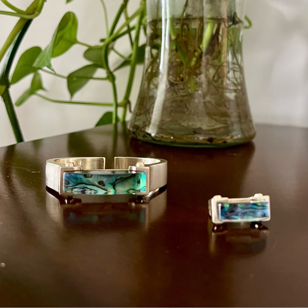 Sterling Silver Abalone Inlay Cuff Bracelet - Blue Green - Picture 4 of 7